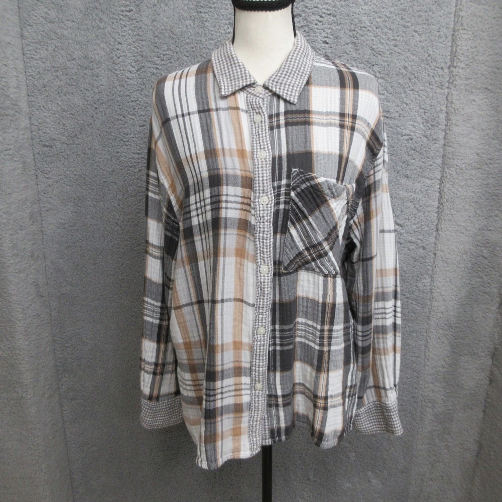 Aerie Plaid Flannel Shirt Women L Gray Tan 100% Cotton Oversized Casual Coastal